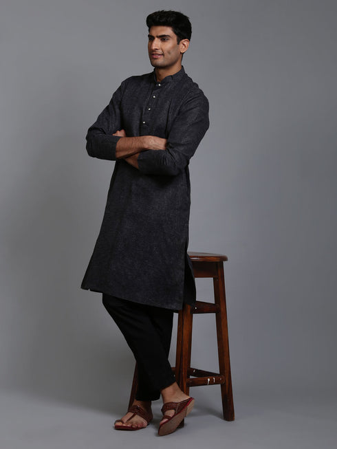 Vastramay Men's Black Cotton Kurta with Pant Set